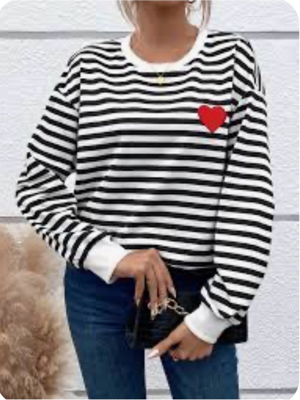 Striped Heart Patch Long-Sleeve Top - Black & White SZ XL